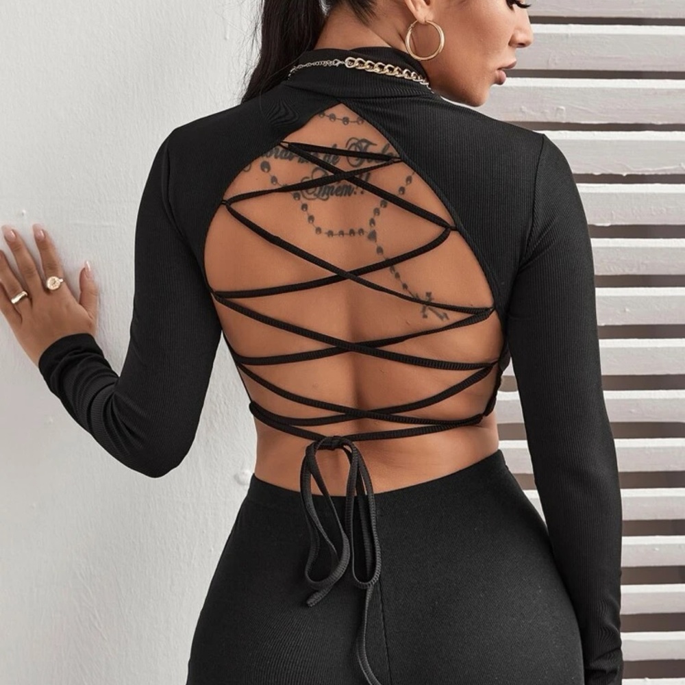 Shein Lace up backless rib-knit tee